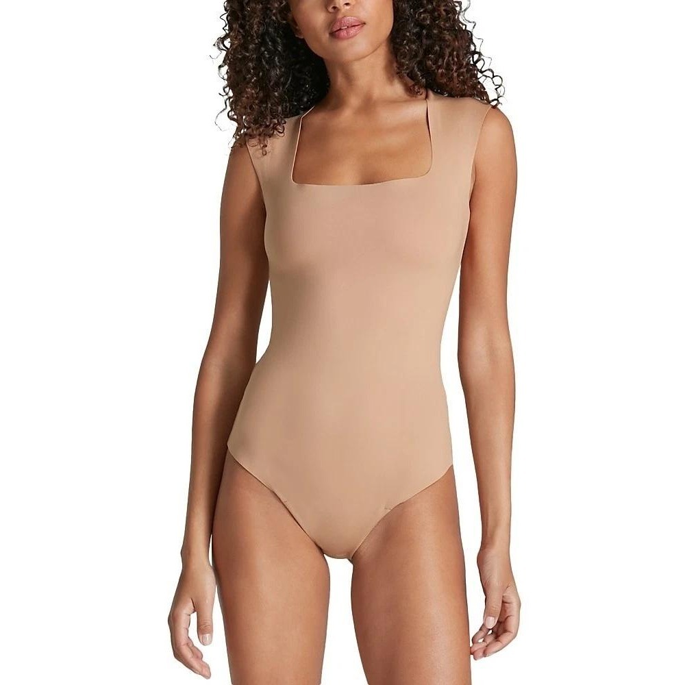 Commando Neoprene Cap Sleeve Scuba Knit Bodysuit Womens L Tan Sleeveless Thong